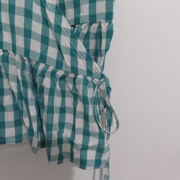 LOFT Women Sz S Teal White Gingham Plaid Surplice V Neck Wrap Blouse Puff Sleeve - Picture 6 of 7